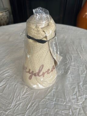 David and Young Cream Straw Visor Hat with Pink Script Straw Visor